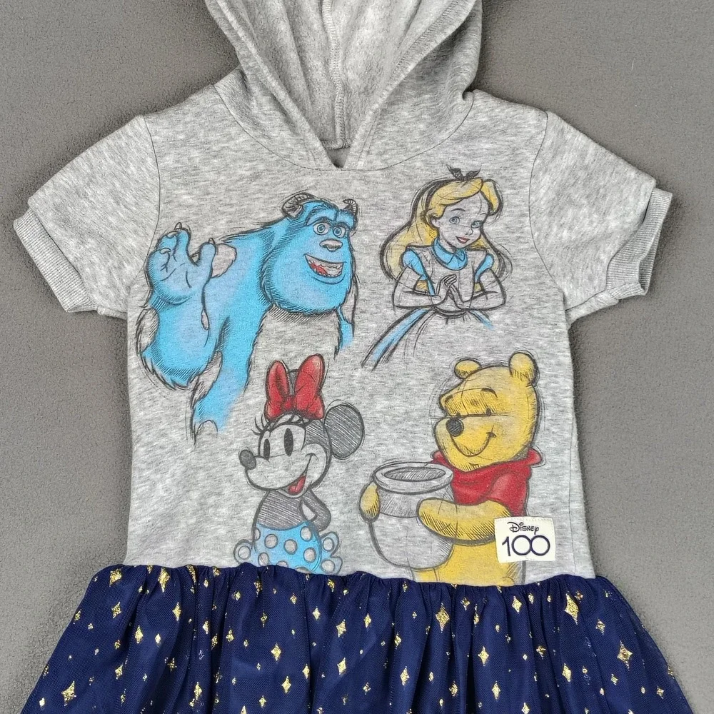 Disney 100 Years Hoodie Dress Girls 6 Blue Tulle Minnie Pooh Sulley Princess EC